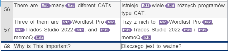 Wordfast editor view showing segments with tags