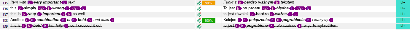 Trados editor with the text formatted with tags